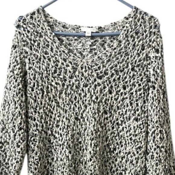 J. Jill Black White Loose Knit V-Neck 3/4 Sleeve Sweater 100% Cotton - Picture 2 of 10